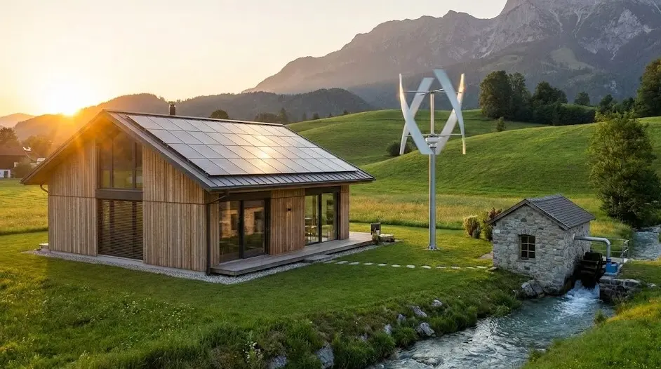 Casa sostenible equipada con paneles solares en el tejado, un aerogenerador doméstico en el jardín y una micro-turbina hidráulica en un arroyo cercano, generando energía limpia.