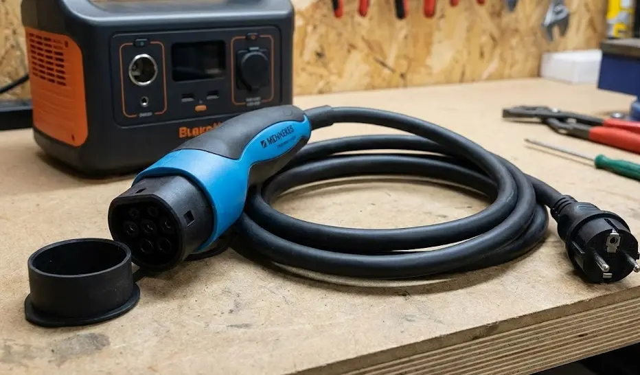 Adaptador Tipo 2 a Schuko Detalle de adaptador Tipo 2 a Schuko para carga de estaciones de energía portátiles