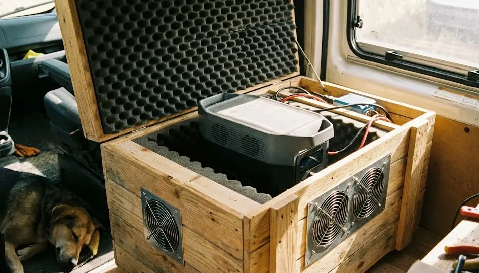 Arcón de madera en furgoneta camper aislado acústicamente albergando una estación de energía portátil con rejillas de ventilación