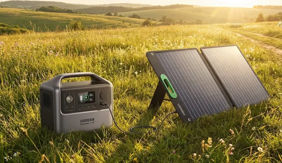 Conexión de paneles solares portátiles a una estación Ugreen PowerRoam en el campo