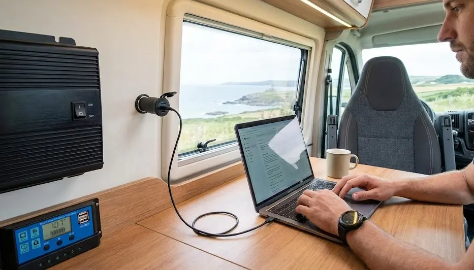 Nómada digital trabajando en su portátil dentro de una furgoneta camper, cargando el ordenador directamente desde una toma de 12V instalada en la madera con el inversor apagado.