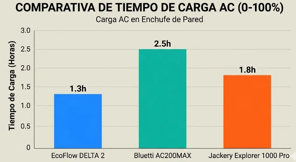 Velocidad de carga: EcoFlow vs Competencia directa Gráfico de barras comparando tiempos de carga 0-100% entre EcoFlow, Bluetti y Jackery