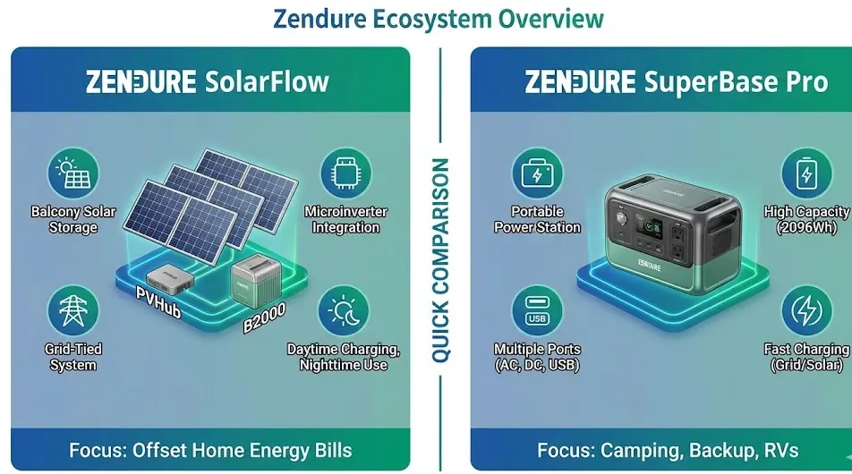 Infografía comparativa rápida entre Zendure SolarFlow y SuperBase Pro