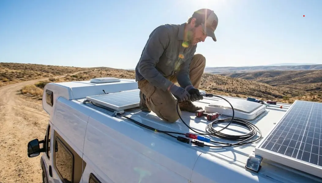Persona instalando y conectando cables MC4 de placas solares en el techo de una furgoneta camperizada en un día soleado