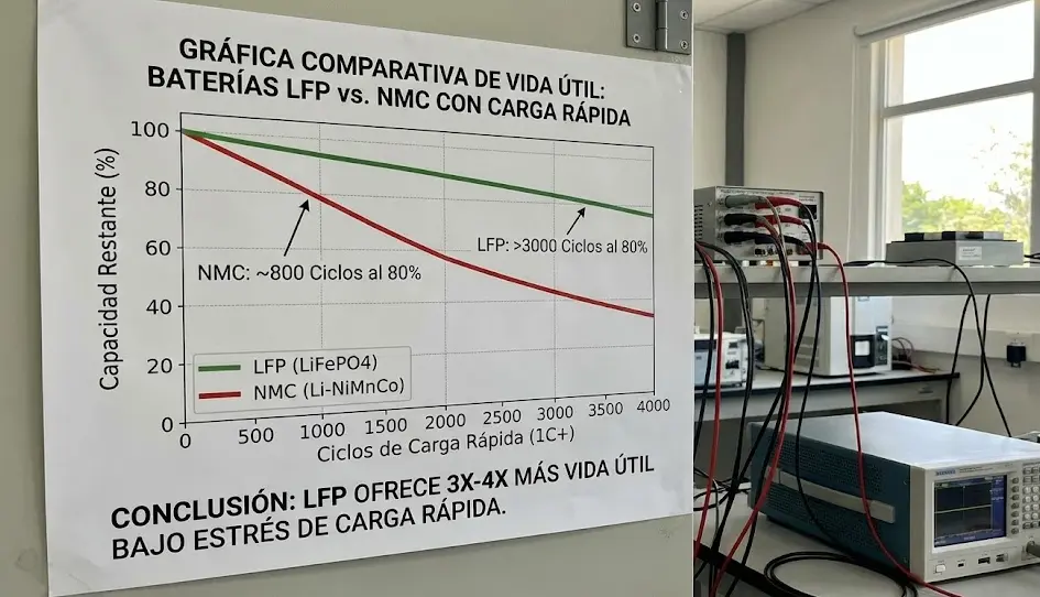 Vida útil: Litio Ferrofosfato vs Litio tradicional Gráfica comparativa de vida útil: Baterías LFP vs NMC con carga rápida