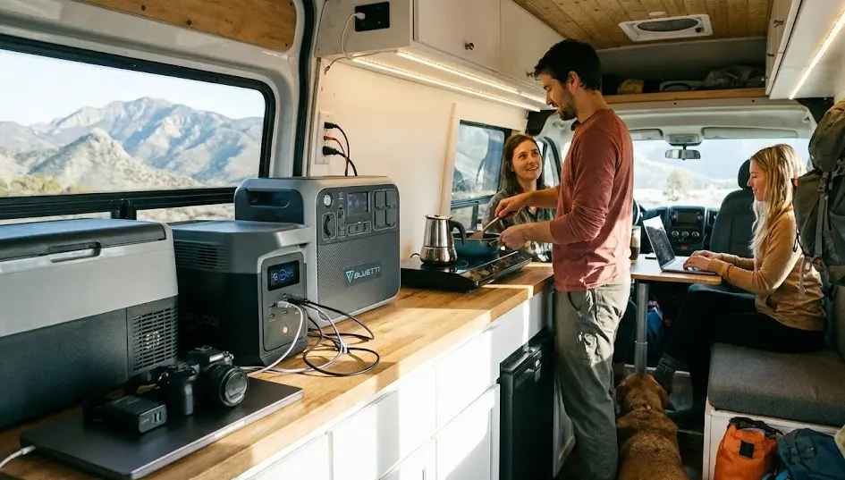 Estaciones de energía en camper sin instalación fija EcoFlow y Bluetti en uso real dentro de una furgoneta camper
