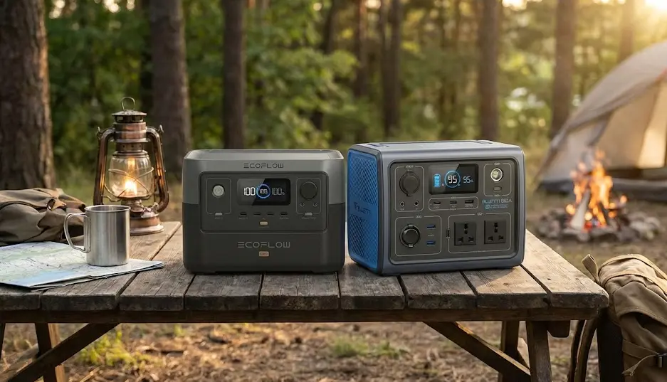 Duelo de portabilidad: EcoFlow vs Bluetti en camping EcoFlow River 2 y Bluetti EB3A comparadas en una mesa de camping