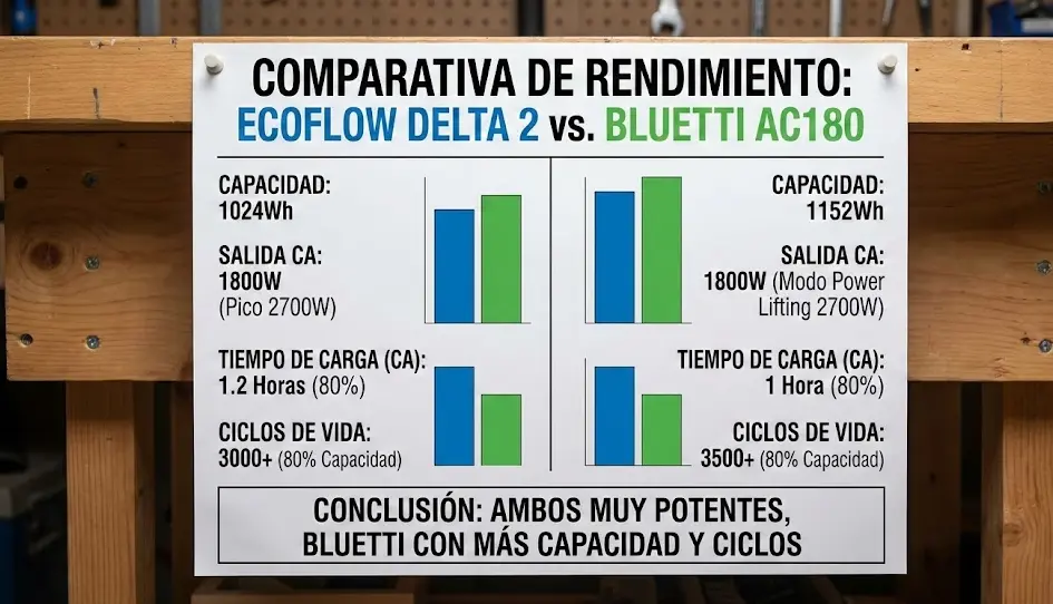 EcoFlow vs Bluetti: Puntos fuertes de cada marca Gráfico comparativo de rendimiento entre EcoFlow Delta 2 y Bluetti AC180