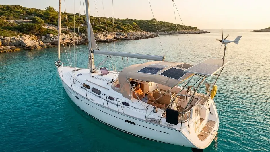 Velero fondeado en una cala al atardecer con paneles solares instalados en el arco de popa y bimini generando energía marina.