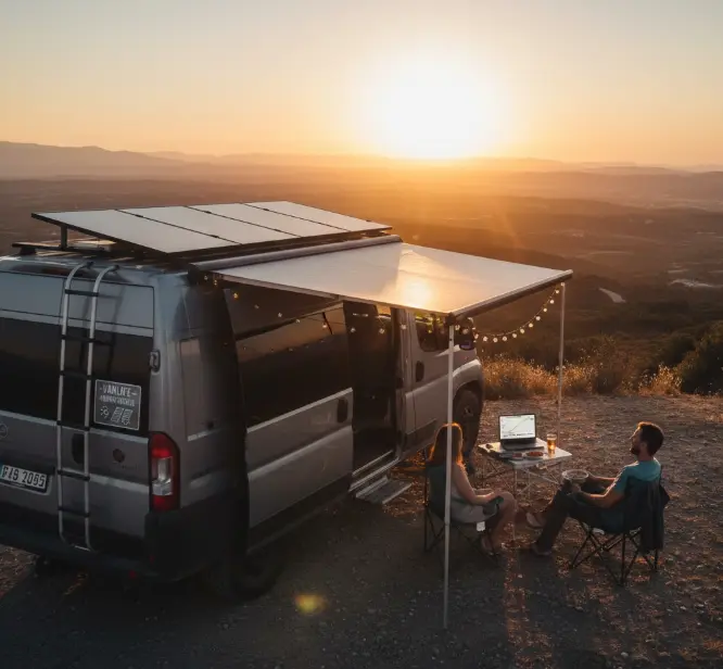 Furgoneta camper equipada con paneles solares durante un atardecer, representando la rentabilidad y libertad de la autosuficiencia energética.