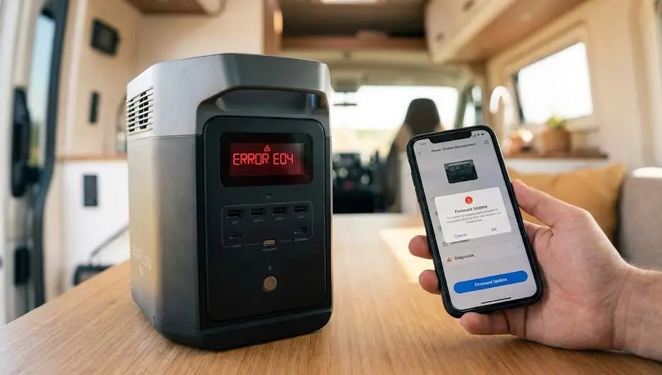 Pantalla de una estación de energía portátil mostrando el código de error E04 en rojo junto a una persona con un smartphone usando la aplicación de diagnóstico en una furgoneta camper.