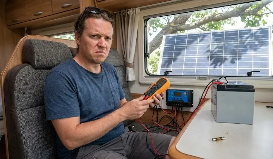 Nómada frustrado usando multímetro para revisar fallos en batería solar y controlador de carga dentro de una furgoneta camper