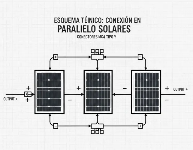 Gráfico mostrando cómo se conectan los paneles solares en paralelo utilizando conectores MC4 tipo Y para agrupar positivos y negativos