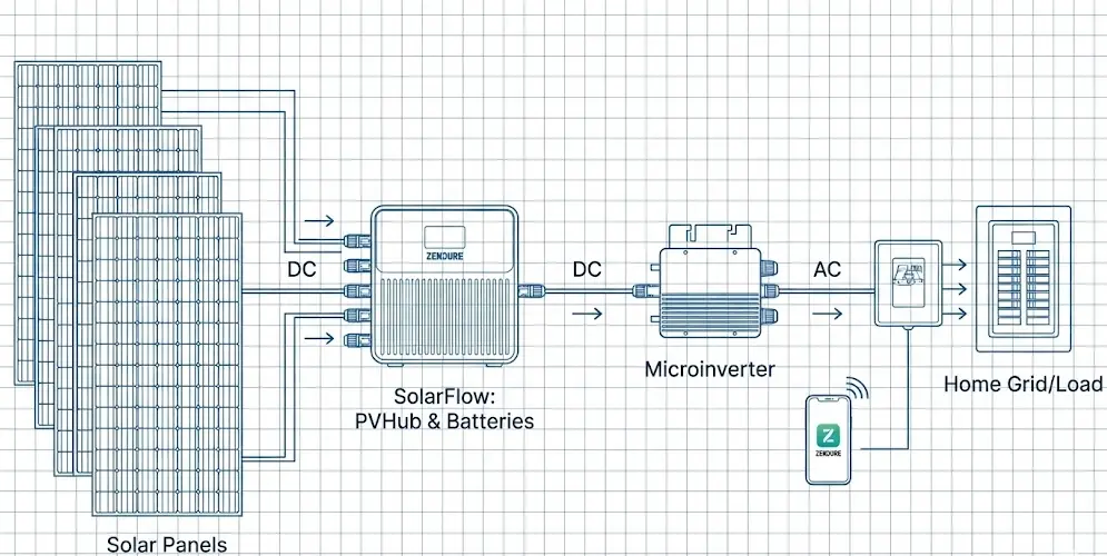 Diagrama de conexión Zendure SolarFlow con microinversor y paneles solares