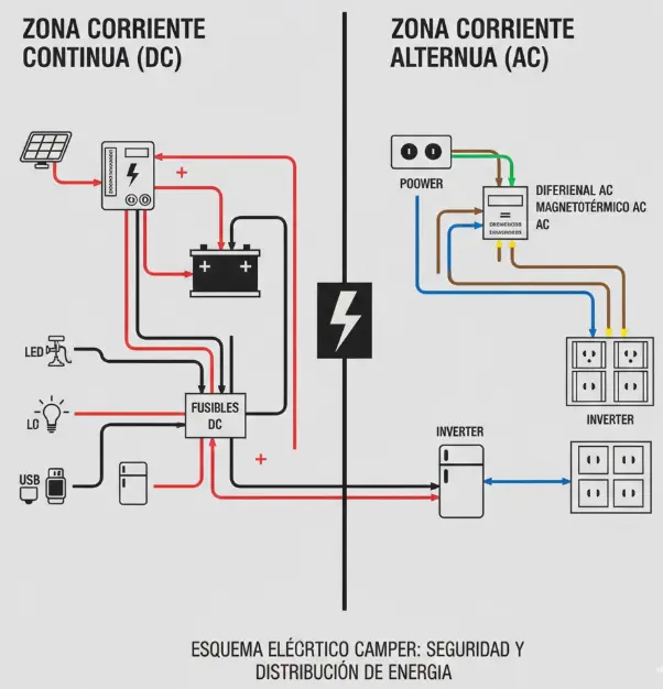 Esquema eléctrico para furgoneta camper que divide visualmente la instalación en zona de corriente continua con fusibles DC y zona de corriente alterna con diferencial AC