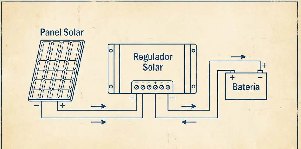 Esquema de conexión de regulador solar entre panel y batería