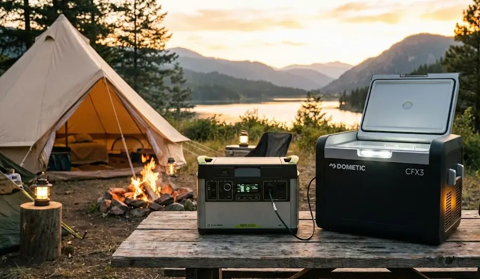 Estación de energía Goal Zero Yeti alimentando una nevera portátil en un camping al atardecer