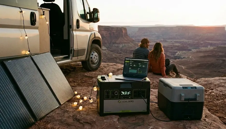 Pareja de nómadas digitales junto a una furgoneta camper al atardecer, usando una estación de energía Goal Zero Yeti conectada a paneles solares para cargar un portátil y alimentar una nevera eléctrica.