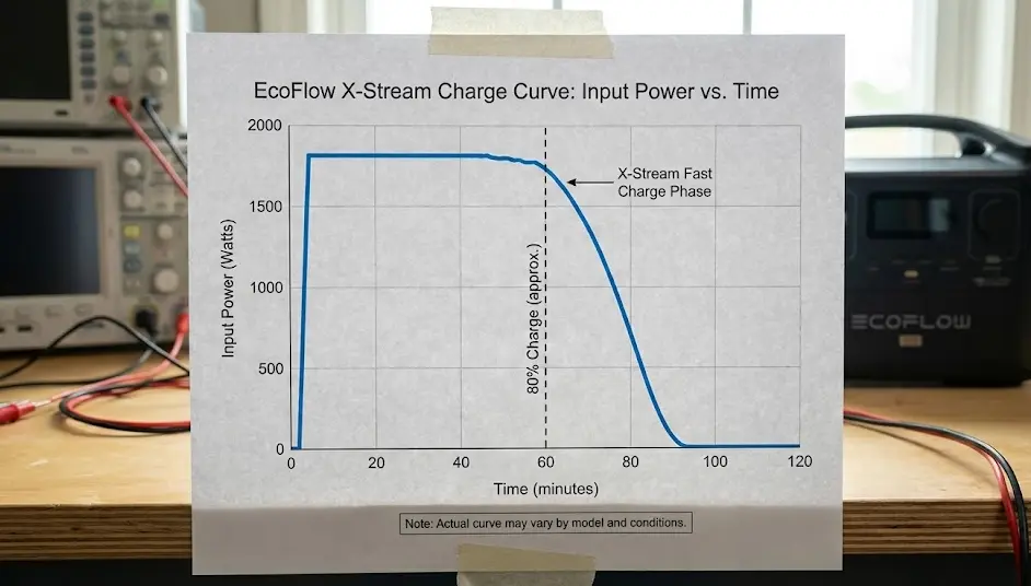 Curva de carga real: Potencia vs Tiempo Gráfica de curva de carga EcoFlow X-Stream mostrando potencia de entrada vs tiempo