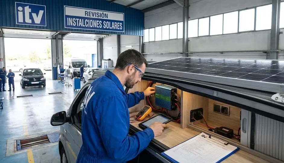 Técnico revisando la instalación eléctrica de una placa solar en una furgoneta para la ITV