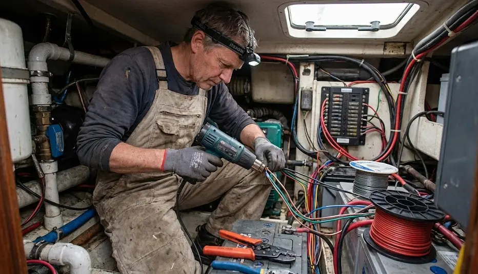 Persona realizando conexiones eléctricas en un barco usando fundas termorretráctiles y cables de cobre estañado