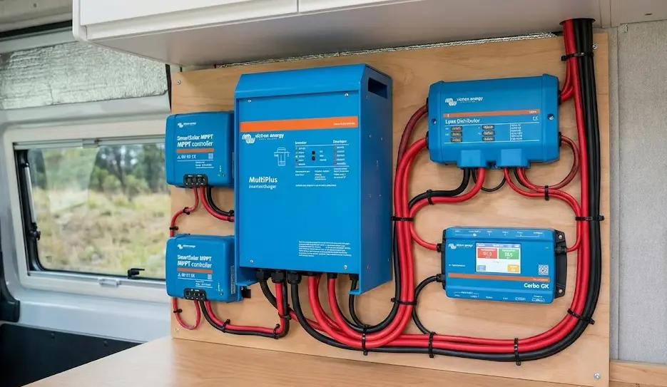 Instalación eléctrica profesional con componentes azules de Victron Energy, incluyendo inversor MultiPlus, reguladores SmartSolar MPPT y pantalla Cerbo GX, montados en un panel de madera dentro de una furgoneta camper con cableado ordenado.