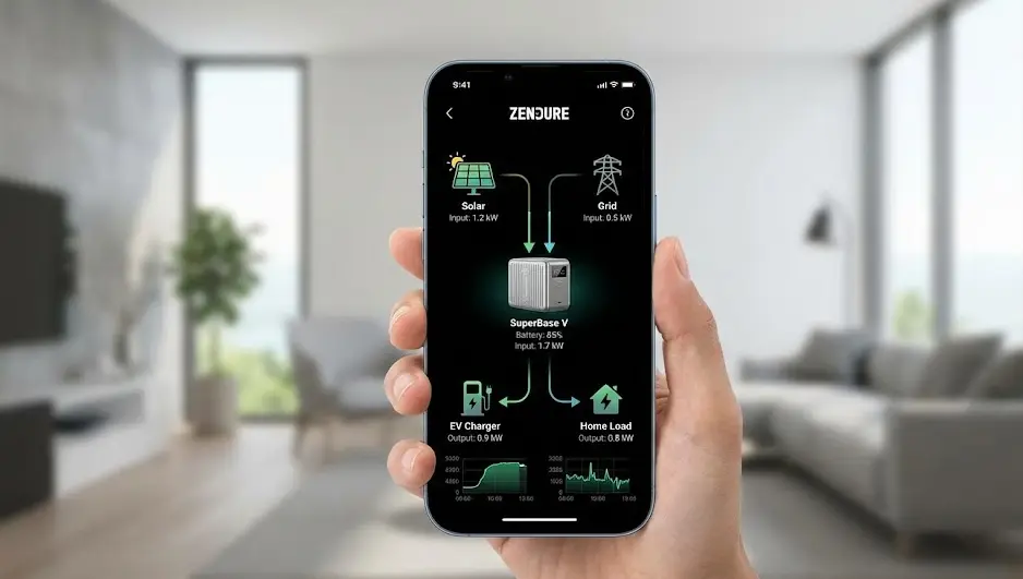 Captura de la app Zendure mostrando flujo de energía en tiempo real