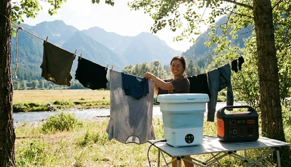 Persona tendiendo ropa al sol junto a una mini lavadora portátil plegable conectada a una estación de energía en un entorno natural