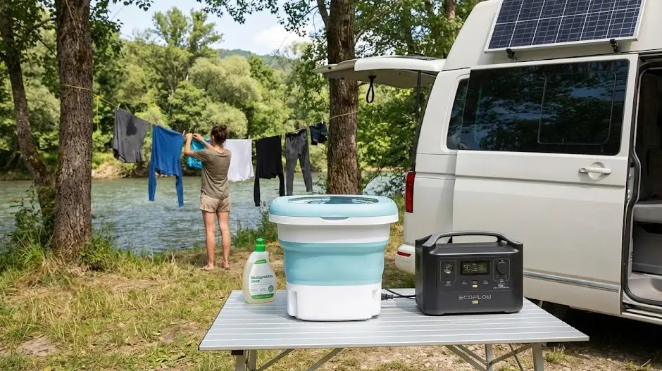 Lavadora portátil plegable conectada a una estación de energía EcoFlow sobre una mesa de camping, mientras una persona tiende la ropa al sol junto al río en un entorno camper.