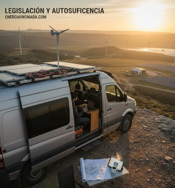 Hombre revisando normativa legal de autosuficiencia energética en su furgoneta camper con placas solares y aerogenerador al atardecer.