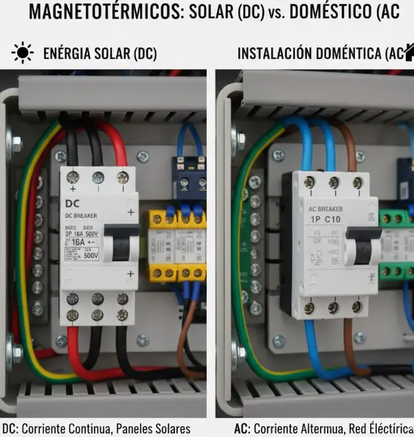 Comparativa visual entre un magnetotérmico de corriente continua (DC) especializado para energía solar y un magnetotérmico de corriente alterna (AC) doméstico sobre un cuadro eléctrico camper