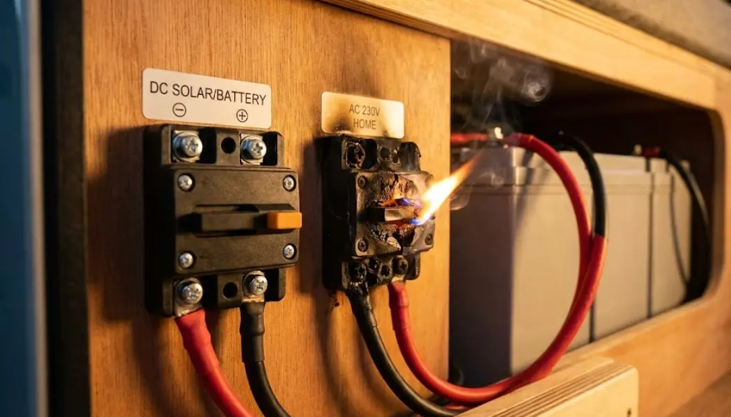 Magnetotérmico de corriente alterna (AC) derritiéndose y en llamas junto a un disyuntor solar DC en un cuadro eléctrico de madera de una furgoneta camper.