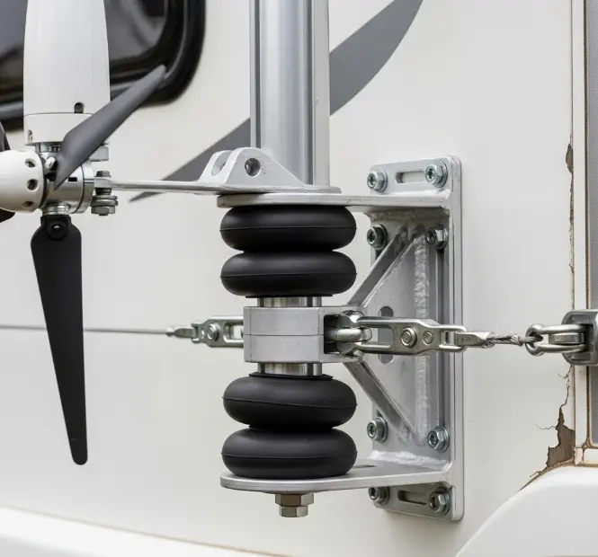 Detalle del anclaje de un mástil de aluminio con amortiguadores de goma y tensores sujetando un aerogenerador portátil en la parte trasera de una autocaravana