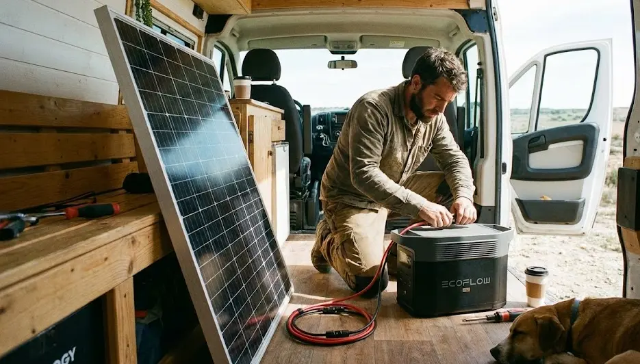 Persona conectando un panel solar rígido de terceros a una estación de energía portátil EcoFlow mediante cables MC4 en un entorno camper.