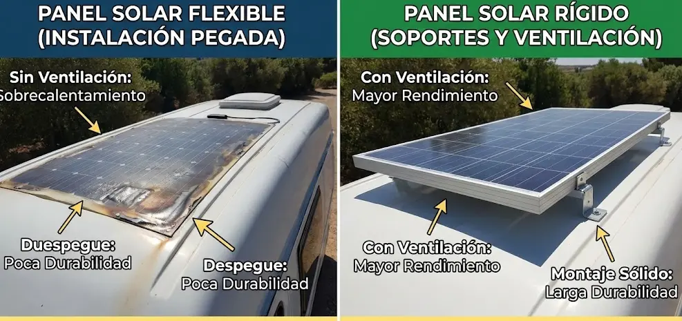 Comparativa visual: Panel solar flexible pegado en techo curvo de furgoneta (izquierda) vs Panel solar rígido con soportes y ventilación (derecha). Diferencias de instalación y durabilidad.