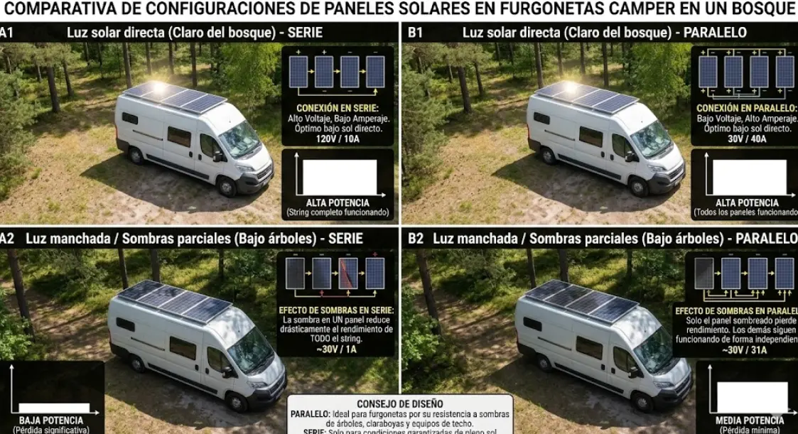 Comparativa visual de dos furgonetas camper con paneles solares conectados en serie y en paralelo bajo diferentes condiciones de luz en un bosque