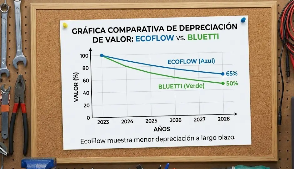 Valor de reventa: ¿Cuánto valdrá tu batería en 5 años? Gráfica comparativa de depreciación de valor EcoFlow vs Bluetti