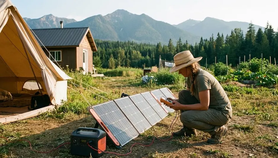 Persona revisando paneles solares portátiles en un proyecto de autosuficiencia energética en la naturaleza