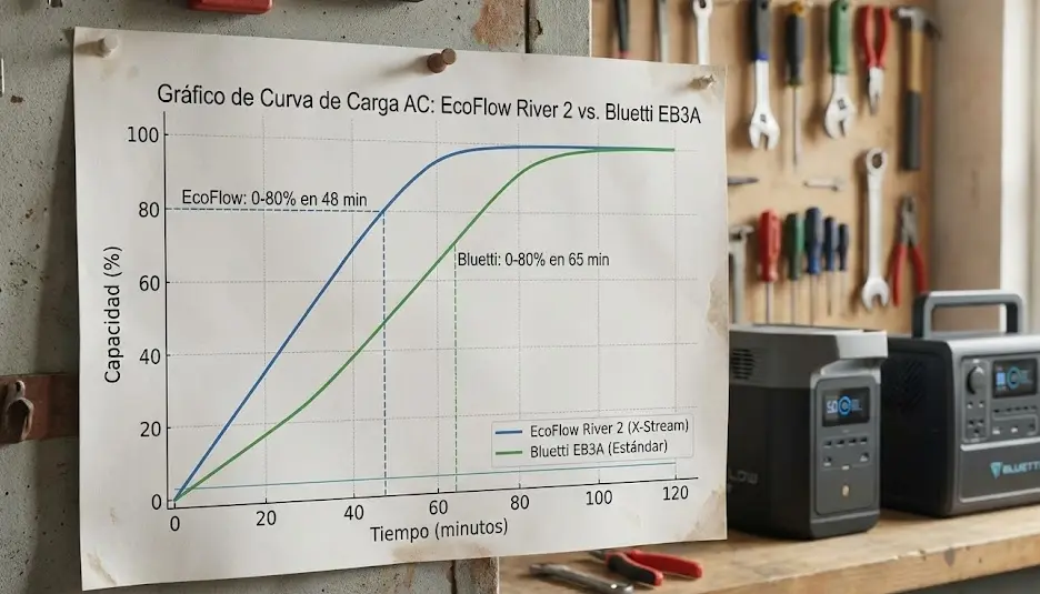 Test de velocidad de carga: X-Stream vs Turbo Gráfico de curva de carga AC entre EcoFlow River 2 y Bluetti EB3A