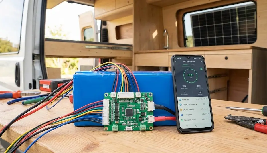 Primer plano de una batería de litio azul con un sistema BMS conectado y cables de balanceo de colores, junto a un smartphone mostrando una aplicación de monitoreo de voltaje y carga, sobre una mesa de trabajo en el interior de una furgoneta camper en construcción.
