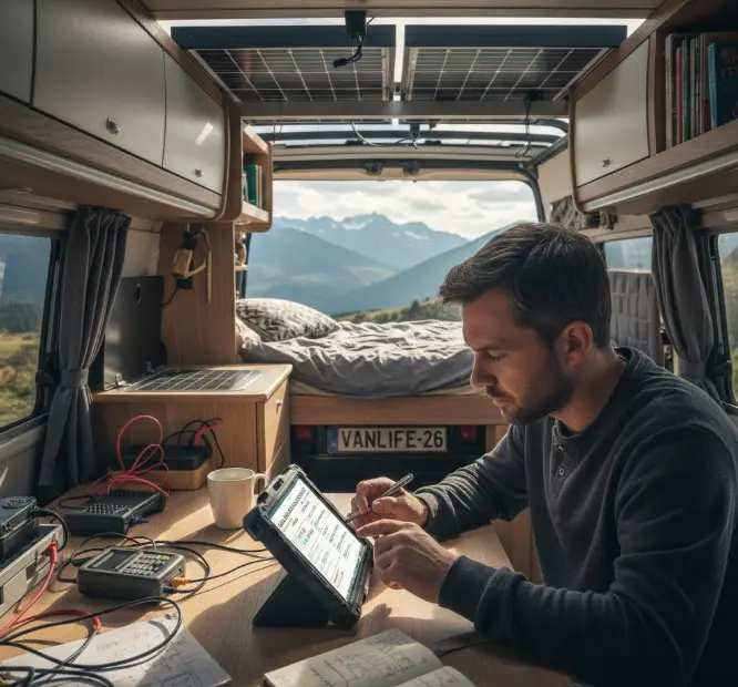Hombre calculando la rentabilidad de su sistema de energía solar en una furgoneta camper