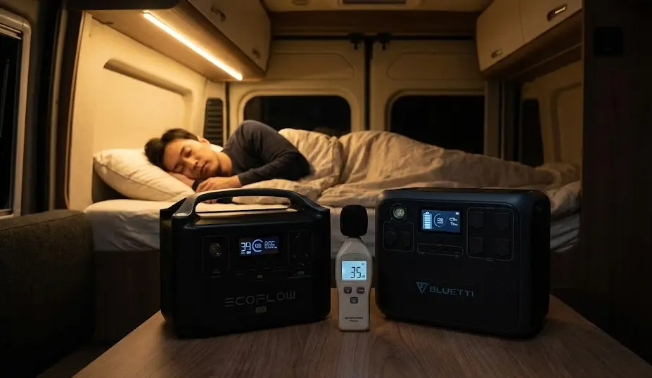 Comparativa de ruido en decibelios entre estaciones de energía portátil EcoFlow y Bluetti junto a un sonómetro en una furgoneta camper mientras una persona duerme.