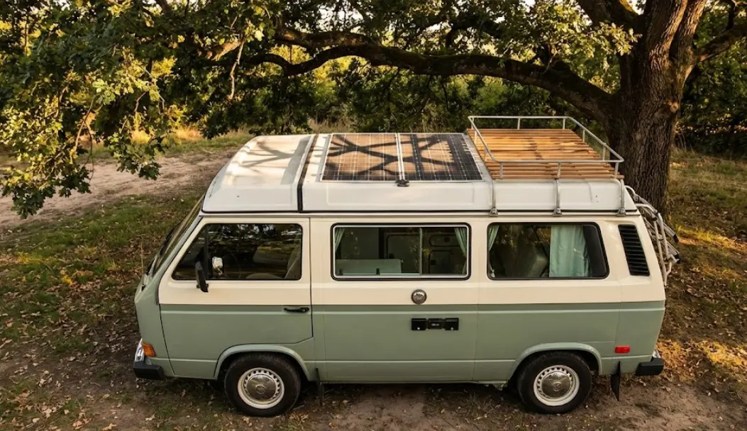 Furgoneta camper aparcada bajo un árbol con sombras de ramas proyectándose directamente sobre los paneles solares del techo