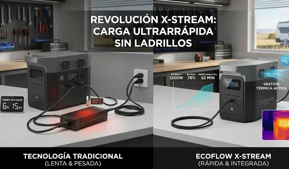 Infografía comparativa: Tecnología EcoFlow X-Stream con gestión térmica y cable directo frente a cargador tradicional lento con transformador tipo ladrillo pesado.