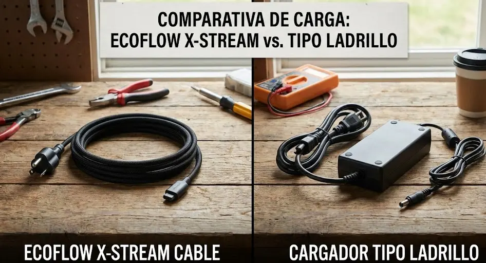 Diferencia de tamaño: X-Stream vs Cargadores antiguos Comparativa visual cable X-Stream EcoFlow frente a cargador tipo ladrillo