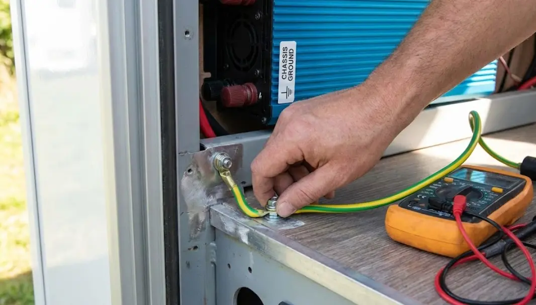 Persona conectando el cable verde y amarillo de toma de tierra desde un inversor al chasis metálico lijado de una furgoneta camper.