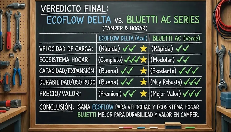 Elección final EcoFlow vs Bluetti Veredicto final entre EcoFlow Delta y Bluetti AC series para uso camper y hogar