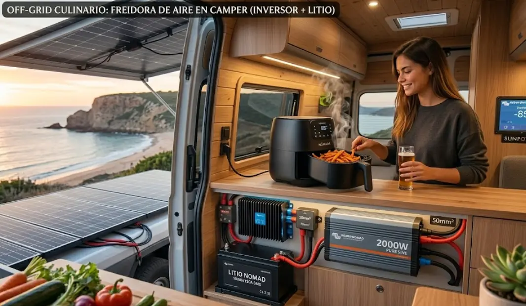 Persona cocinando con una freidora de aire compacta sobre una encimera de madera en una furgoneta camper, con un gráfico superpuesto del inversor de onda pura y batería de litio necesarios para soportar el consumo.
